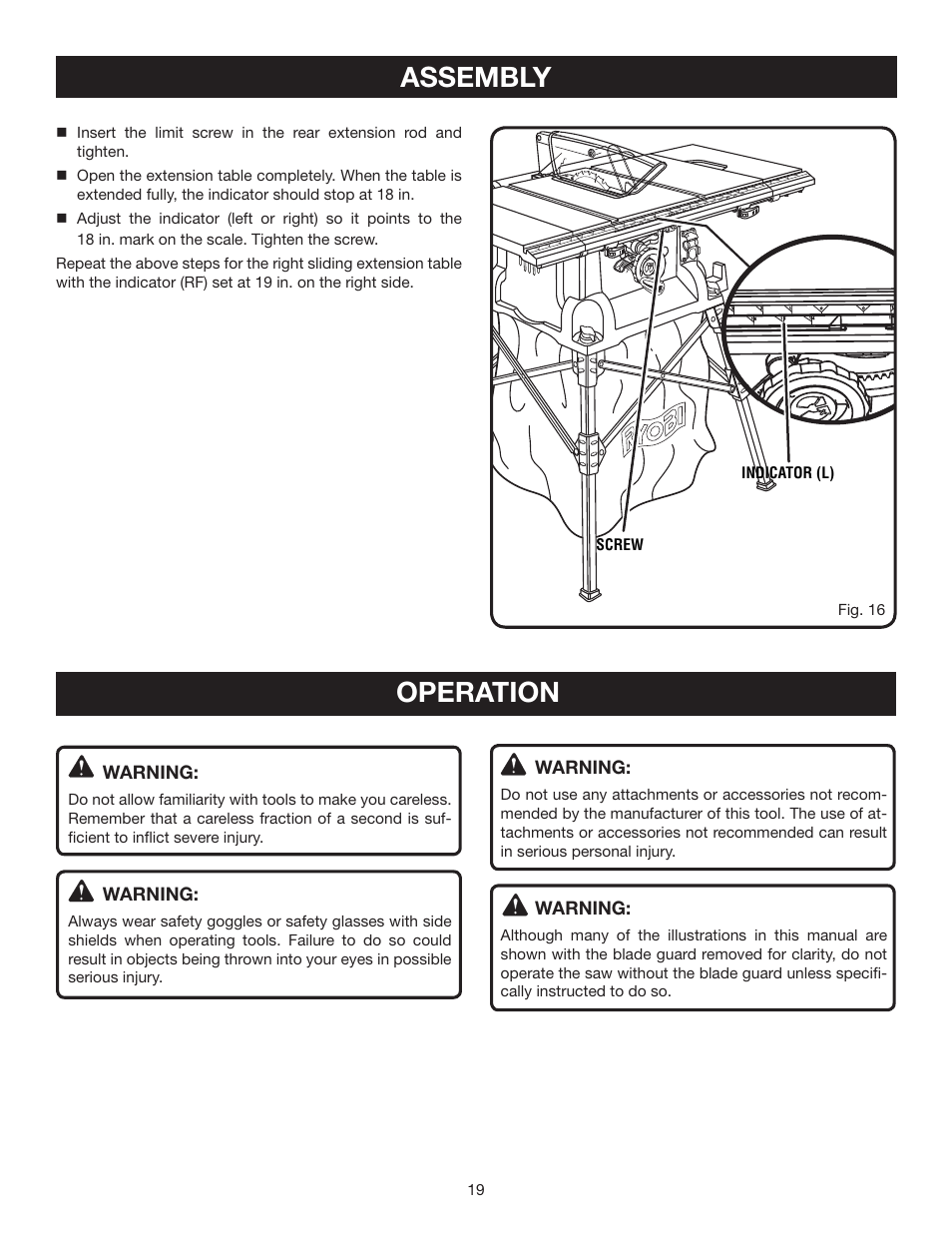Assembly operation | Ryobi BTS16 User Manual | Page 19 / 40