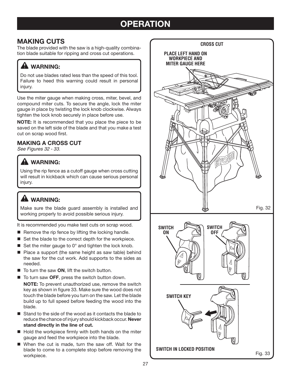 Operation, Making cuts | Ryobi BTS16 User Manual | Page 27 / 40