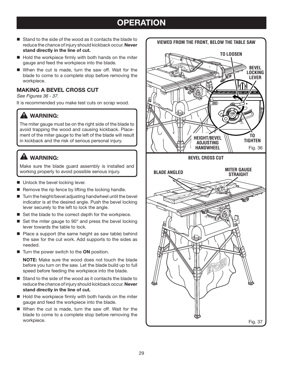 Operation | Ryobi BTS16 User Manual | Page 29 / 40