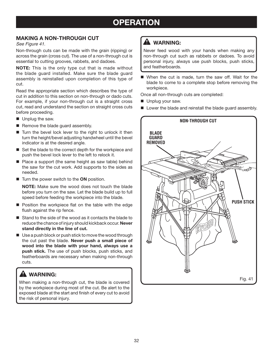 Operation | Ryobi BTS16 User Manual | Page 32 / 40