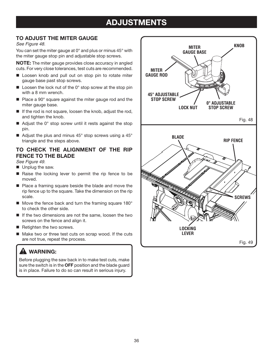 Adjustments | Ryobi BTS16 User Manual | Page 36 / 40