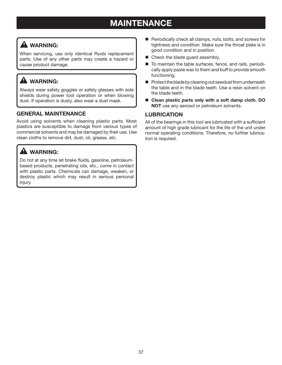 Maintenance | Ryobi BTS16 User Manual | Page 37 / 40