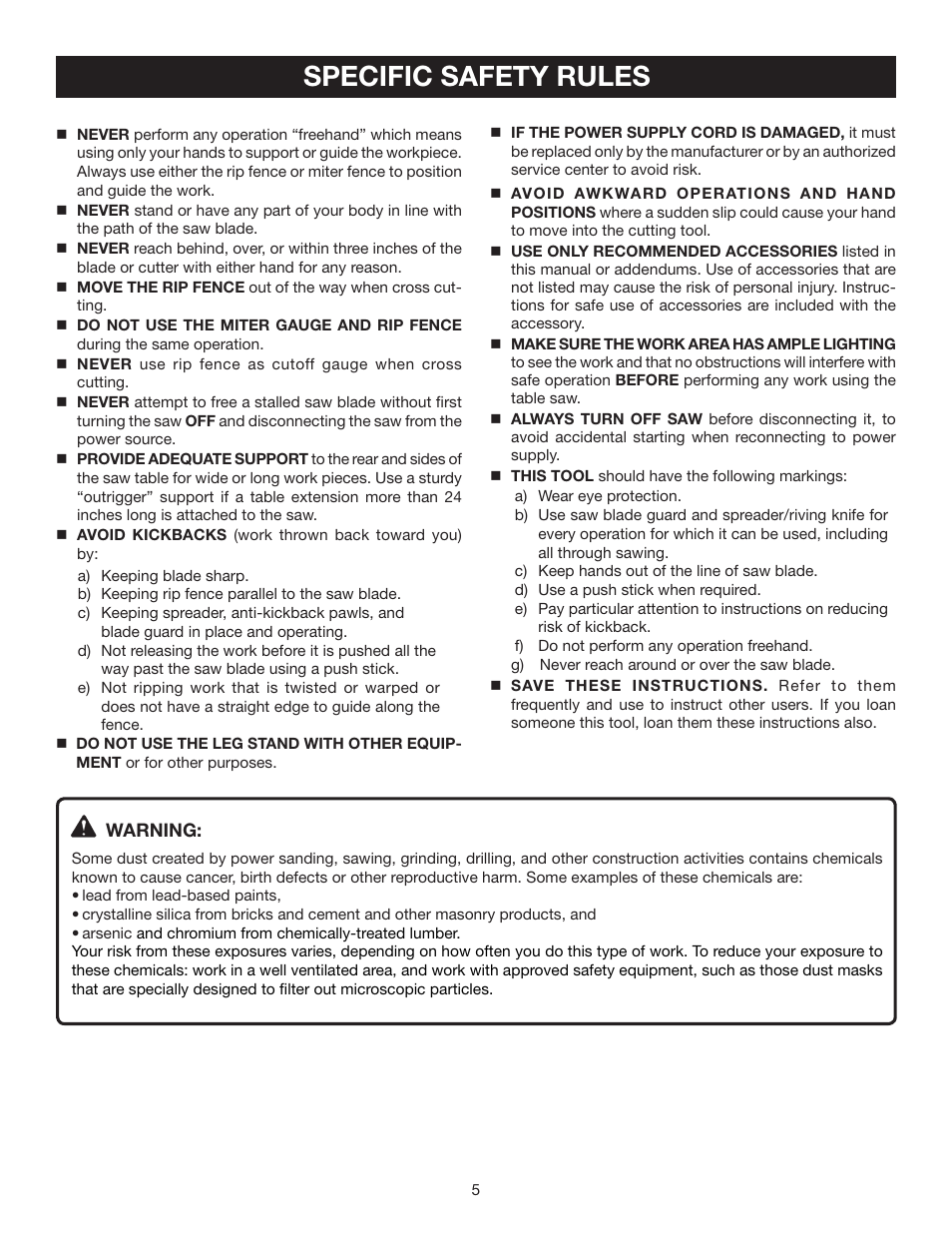 Specific safety rules | Ryobi BTS16 User Manual | Page 5 / 40