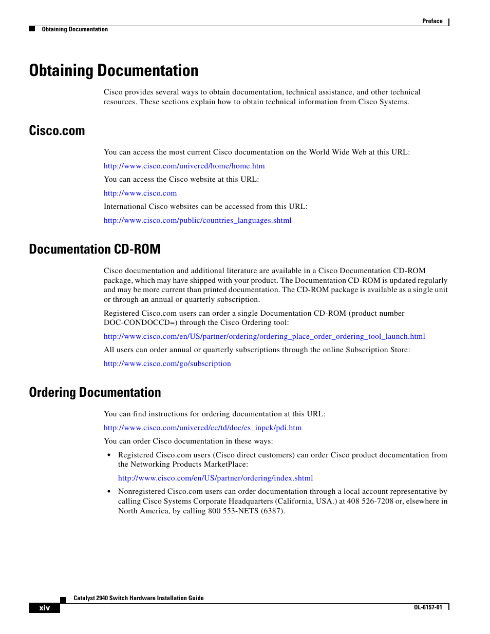 Obtaining documentation, Cisco.com, Documentation cd-rom | Ordering documentation | Cisco 2940 User Manual | Page 14 / 82