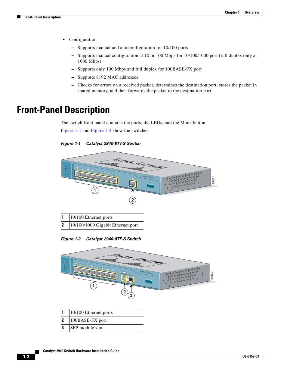 Front-panel description, Configuration, Supports 8192 mac addresses | Cisco 2940 User Manual | Page 20 / 82