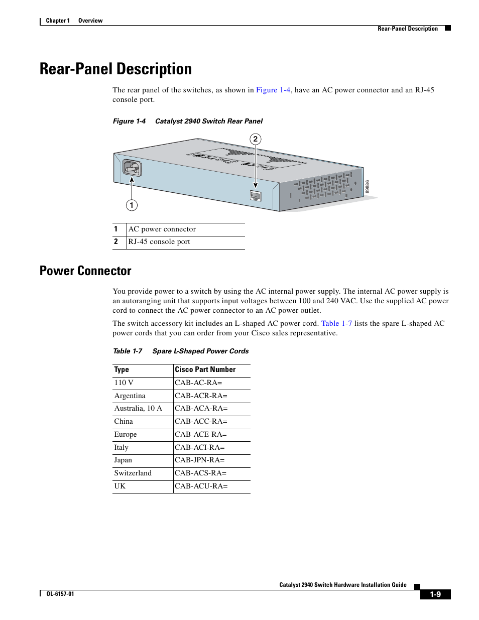 Rear-panel description, Power connector | Cisco 2940 User Manual | Page 27 / 82