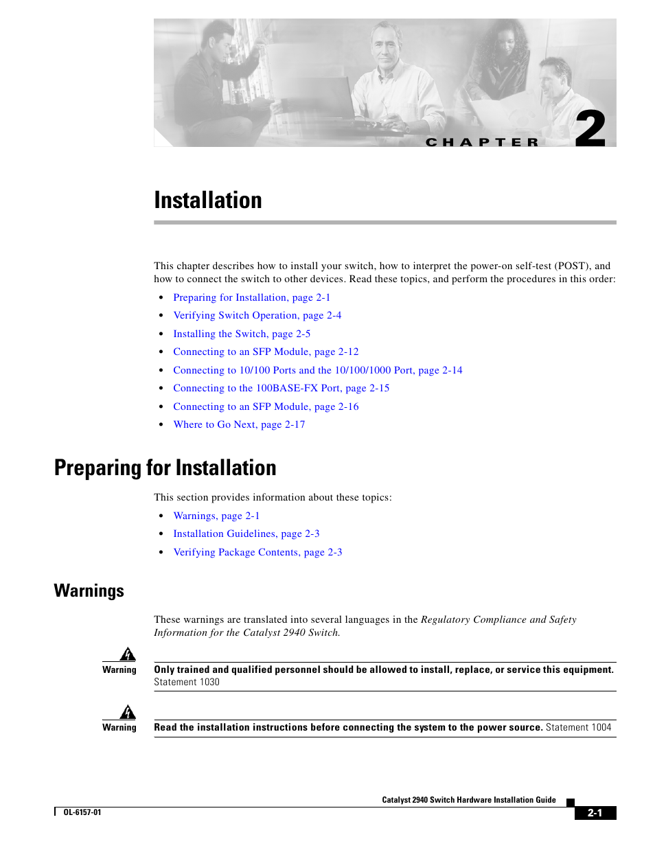 Installation, Preparing for installation, Warnings | C h a p t e r | Cisco 2940 User Manual | Page 31 / 82