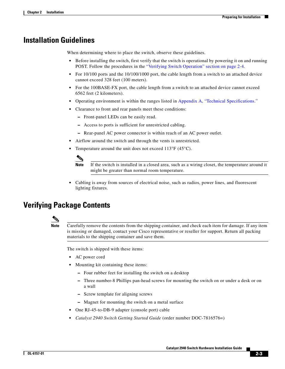 Installation guidelines, Verifying package contents | Cisco 2940 User Manual | Page 33 / 82