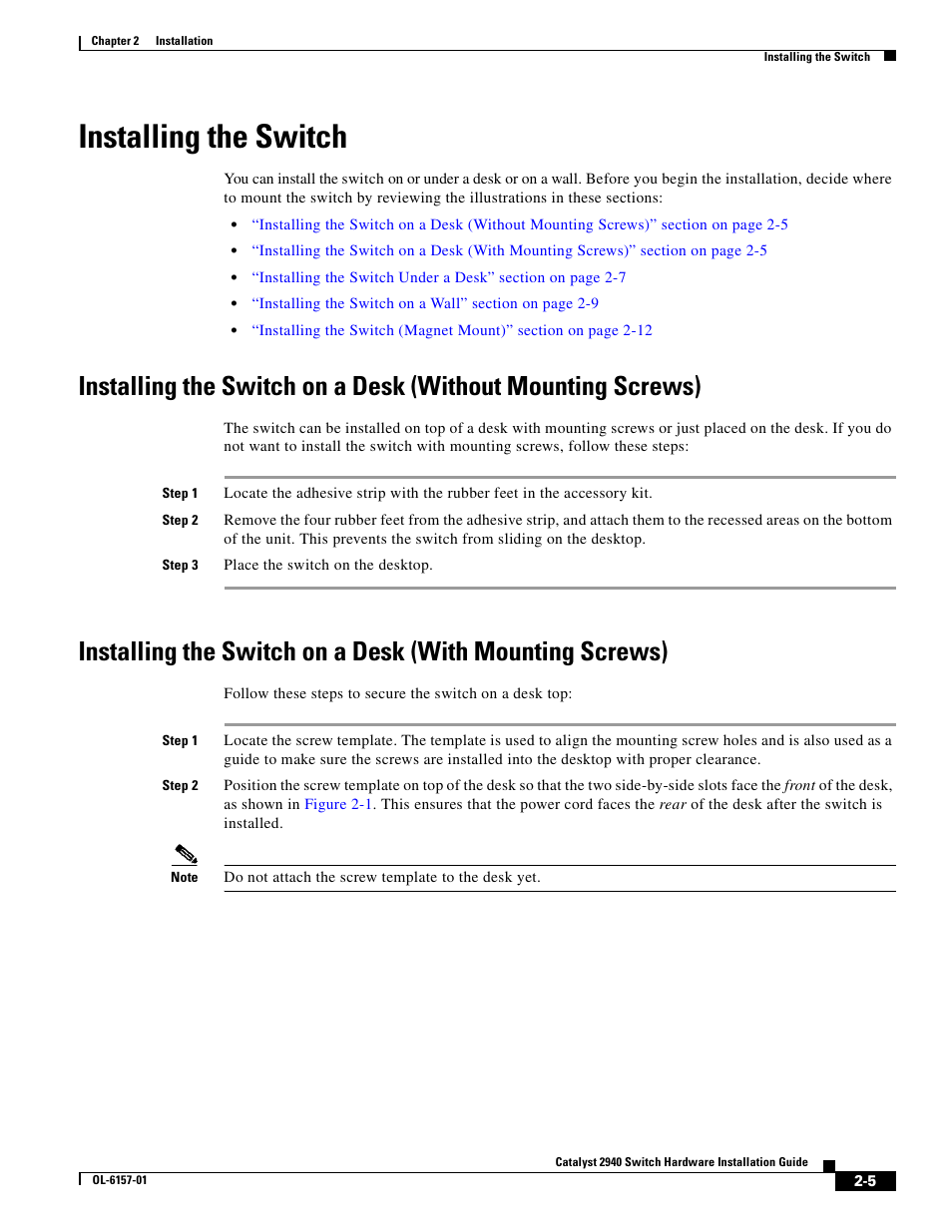 Installing the switch | Cisco 2940 User Manual | Page 35 / 82