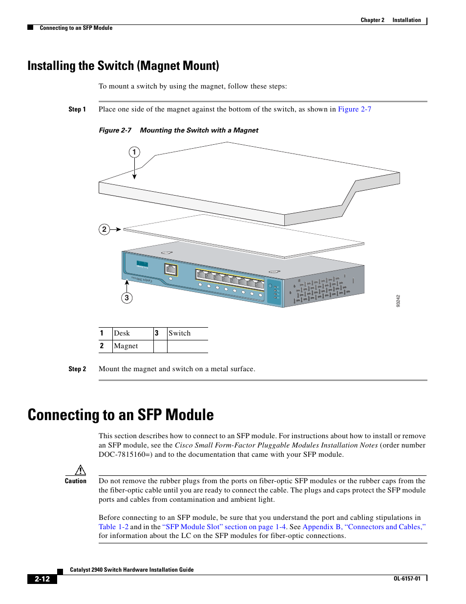Installing the switch (magnet mount), Connecting to an sfp module | Cisco 2940 User Manual | Page 42 / 82