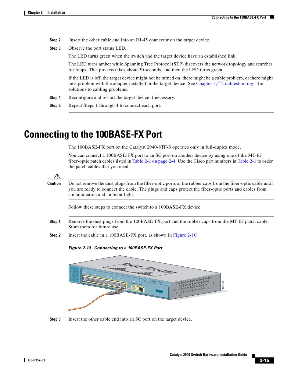Connecting to the 100base-fx port, Repeat steps 1 through 4 to connect each port | Cisco 2940 User Manual | Page 45 / 82