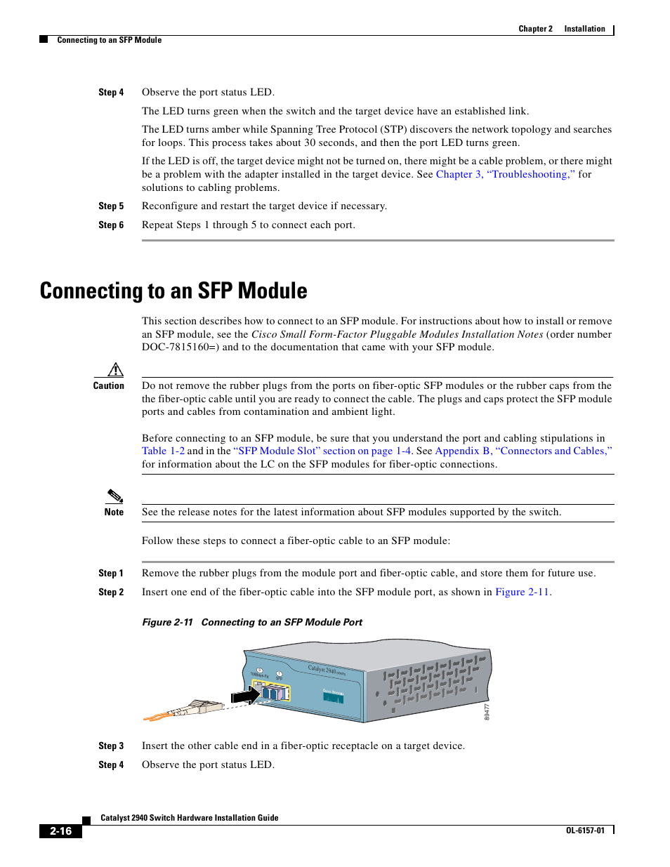 Connecting to an sfp module | Cisco 2940 User Manual | Page 46 / 82