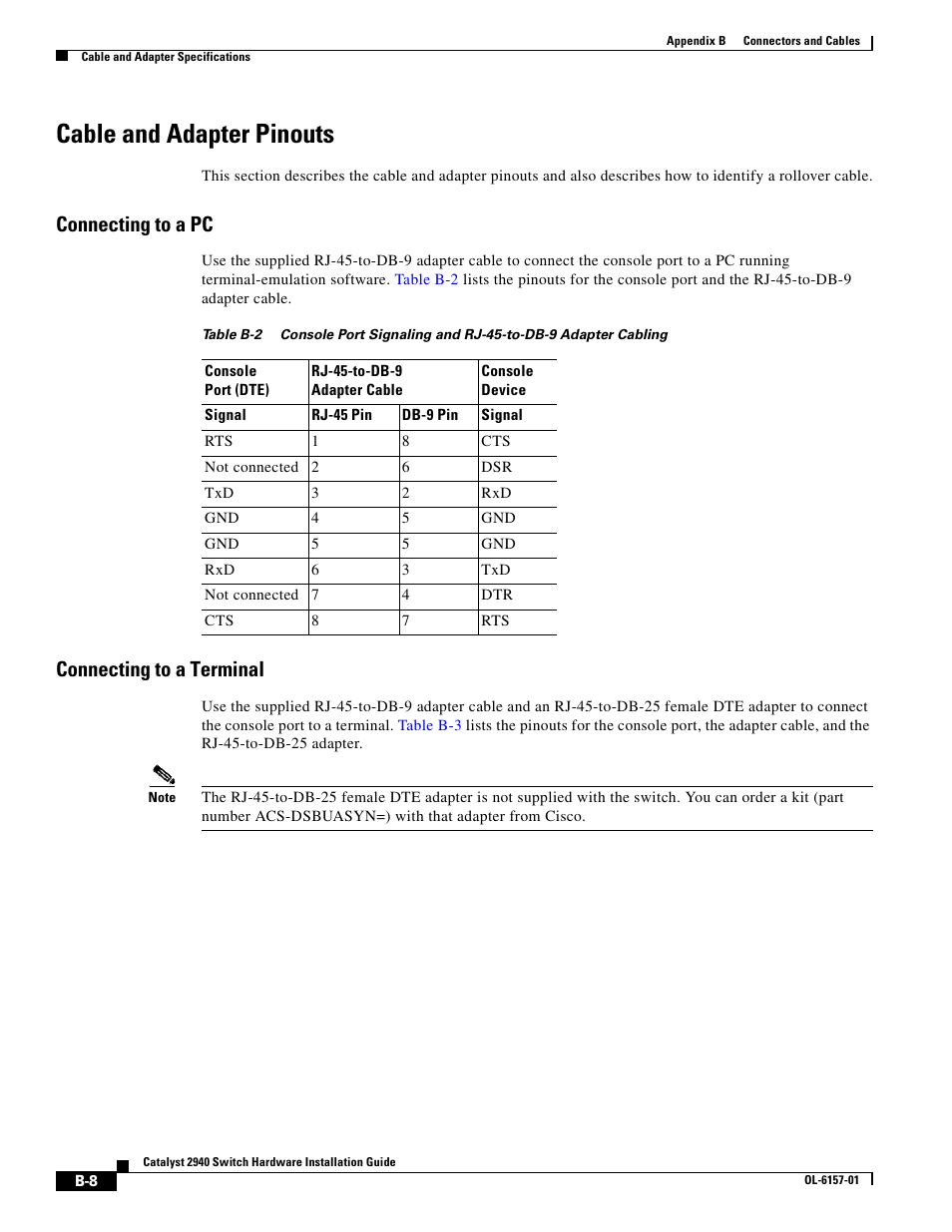 Cable and adapter pinouts, Connecting to a pc, Connecting to a terminal | Table b-2 | Cisco 2940 User Manual | Page 66 / 82