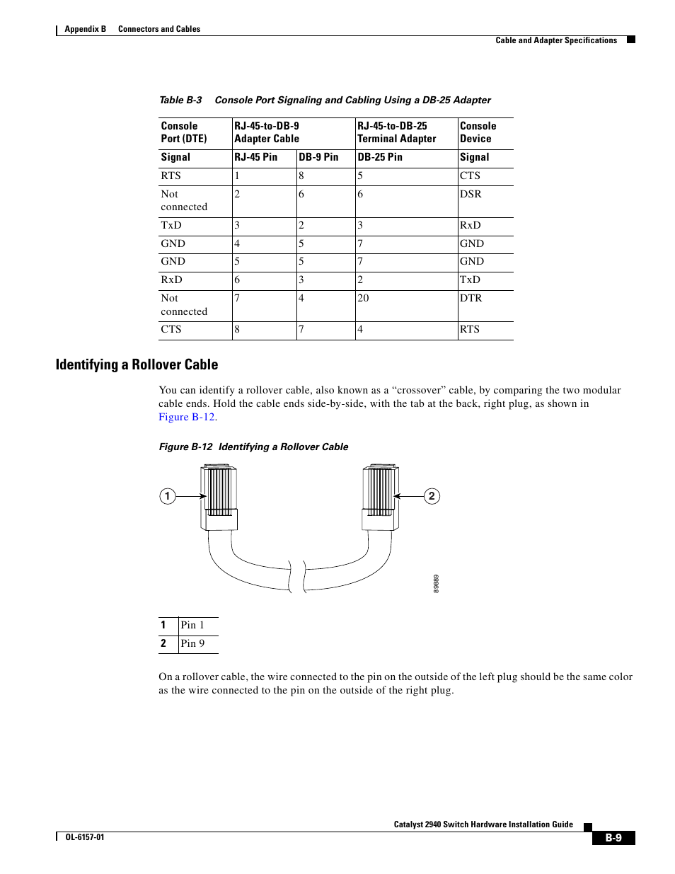 Identifying a rollover cable, Figure b-12 on, Table b-3 | Cisco 2940 User Manual | Page 67 / 82