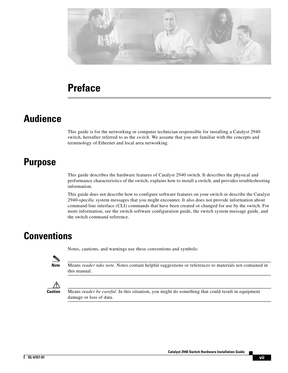 Preface, Audience, Purpose | Conventions | Cisco 2940 User Manual | Page 7 / 82