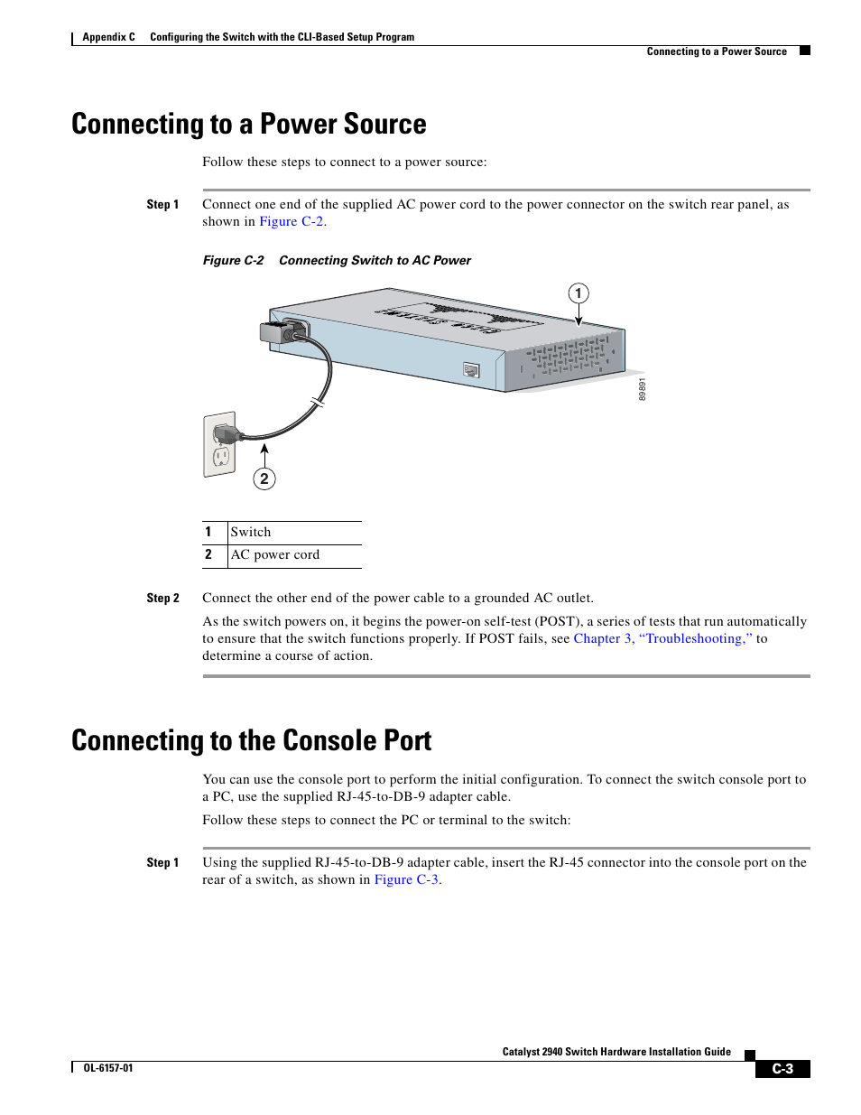 Connecting to a power source, Connecting to the console port | Cisco 2940 User Manual | Page 71 / 82