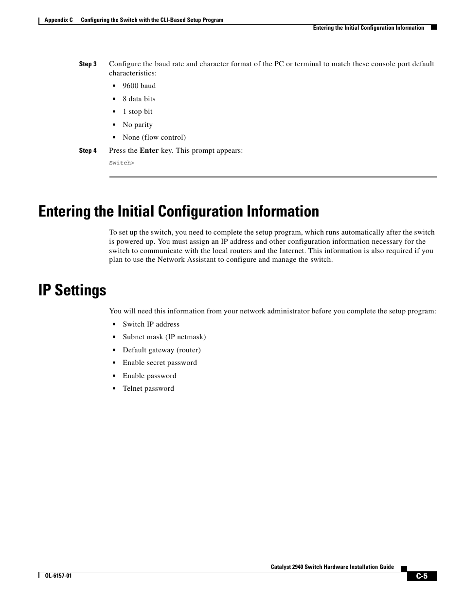 Entering the initial configuration information, Ip settings | Cisco 2940 User Manual | Page 73 / 82