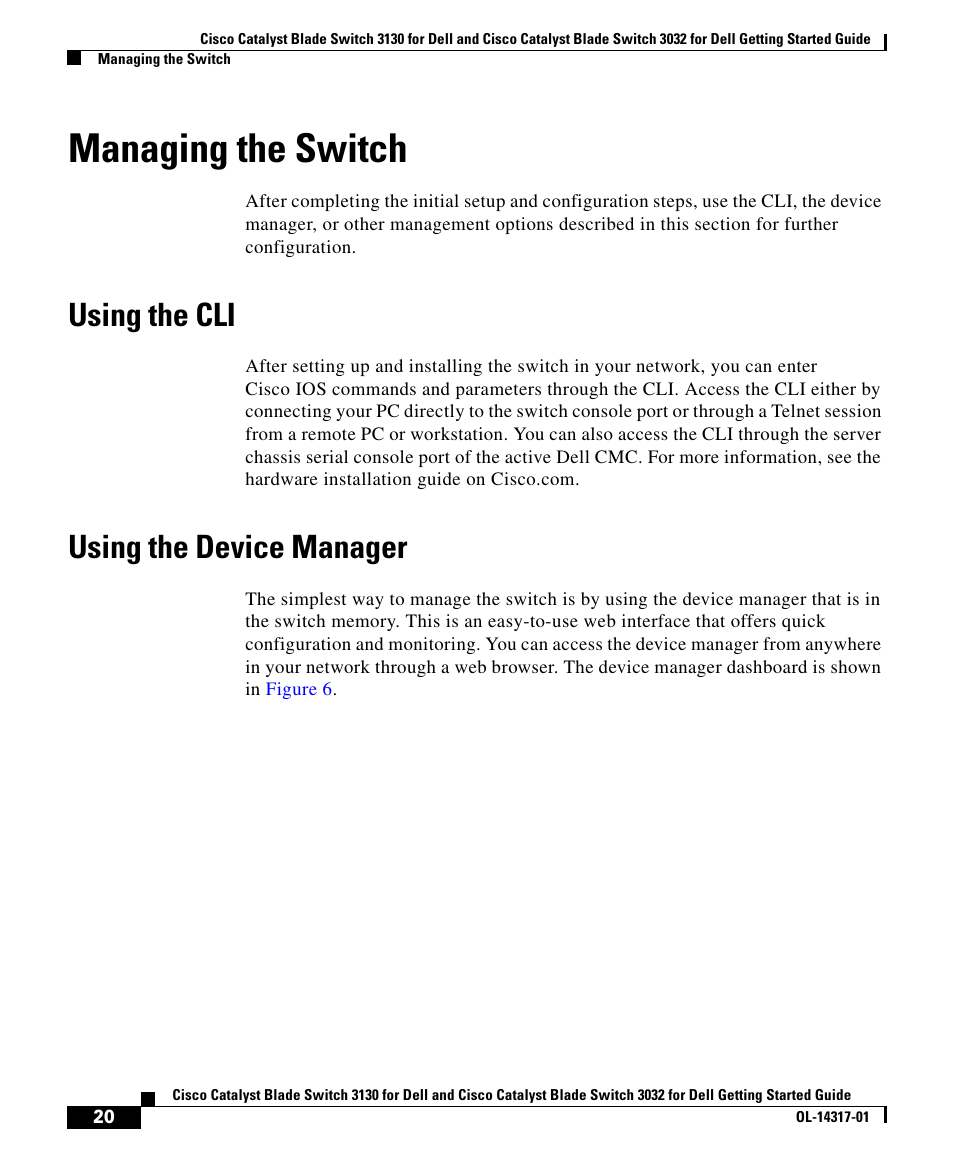 Managing the switch, Using the cli, Using the device manager | Cisco 3032 User Manual | Page 20 / 34