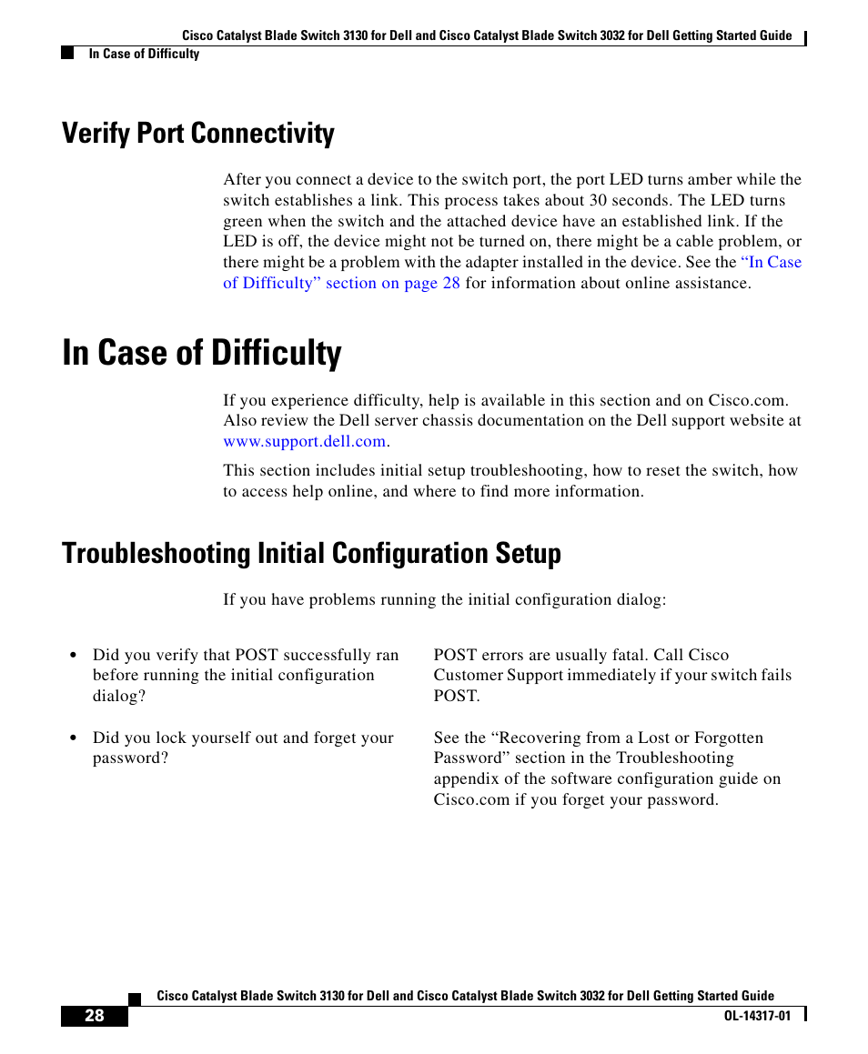 Verify port connectivity, In case of difficulty, Troubleshooting initial configuration setup | Cisco 3032 User Manual | Page 28 / 34