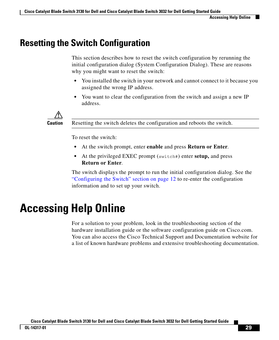 Resetting the switch configuration, Accessing help online, Resetting the switch | Cisco 3032 User Manual | Page 29 / 34