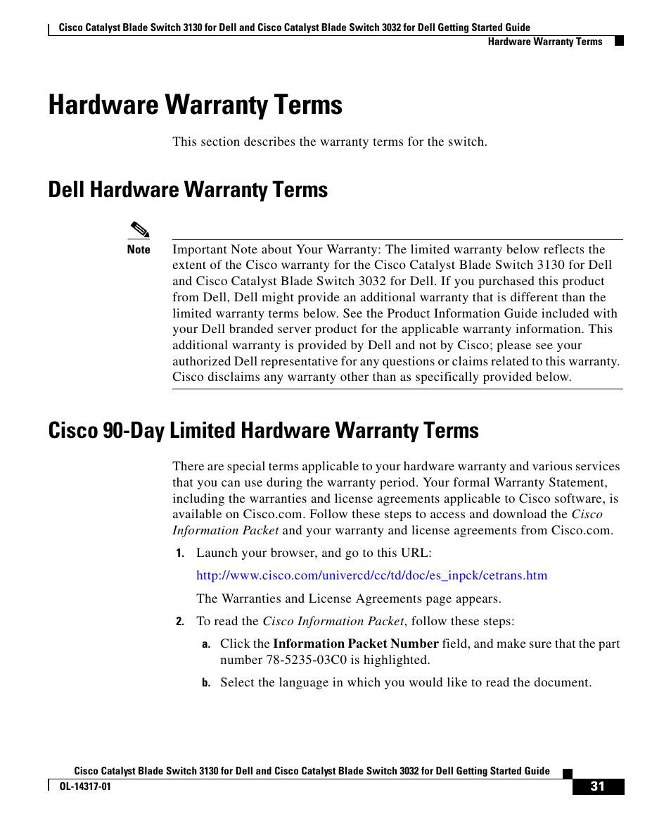 Hardware warranty terms, Dell hardware warranty terms, Cisco 90-day limited hardware warranty terms | Cisco 3032 User Manual | Page 31 / 34