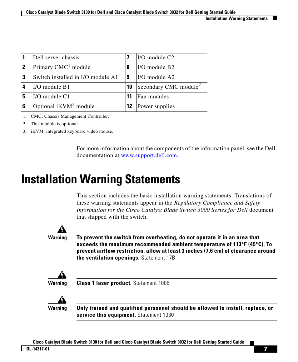 Installation warning statements | Cisco 3032 User Manual | Page 7 / 34