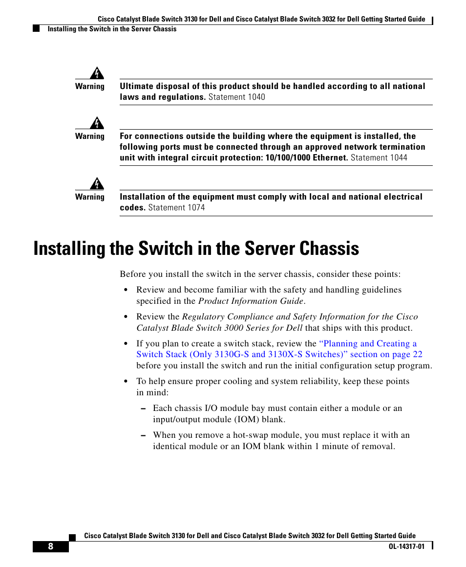 Installing the switch in the server chassis | Cisco 3032 User Manual | Page 8 / 34