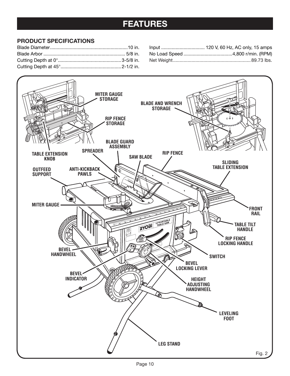 Features | Ryobi BTS20R-1 User Manual | Page 10 / 34