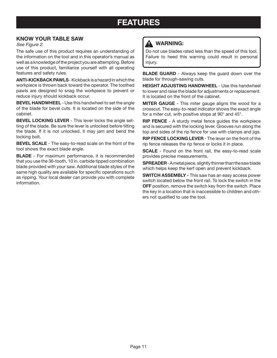 Features | Ryobi BTS20R-1 User Manual | Page 11 / 34