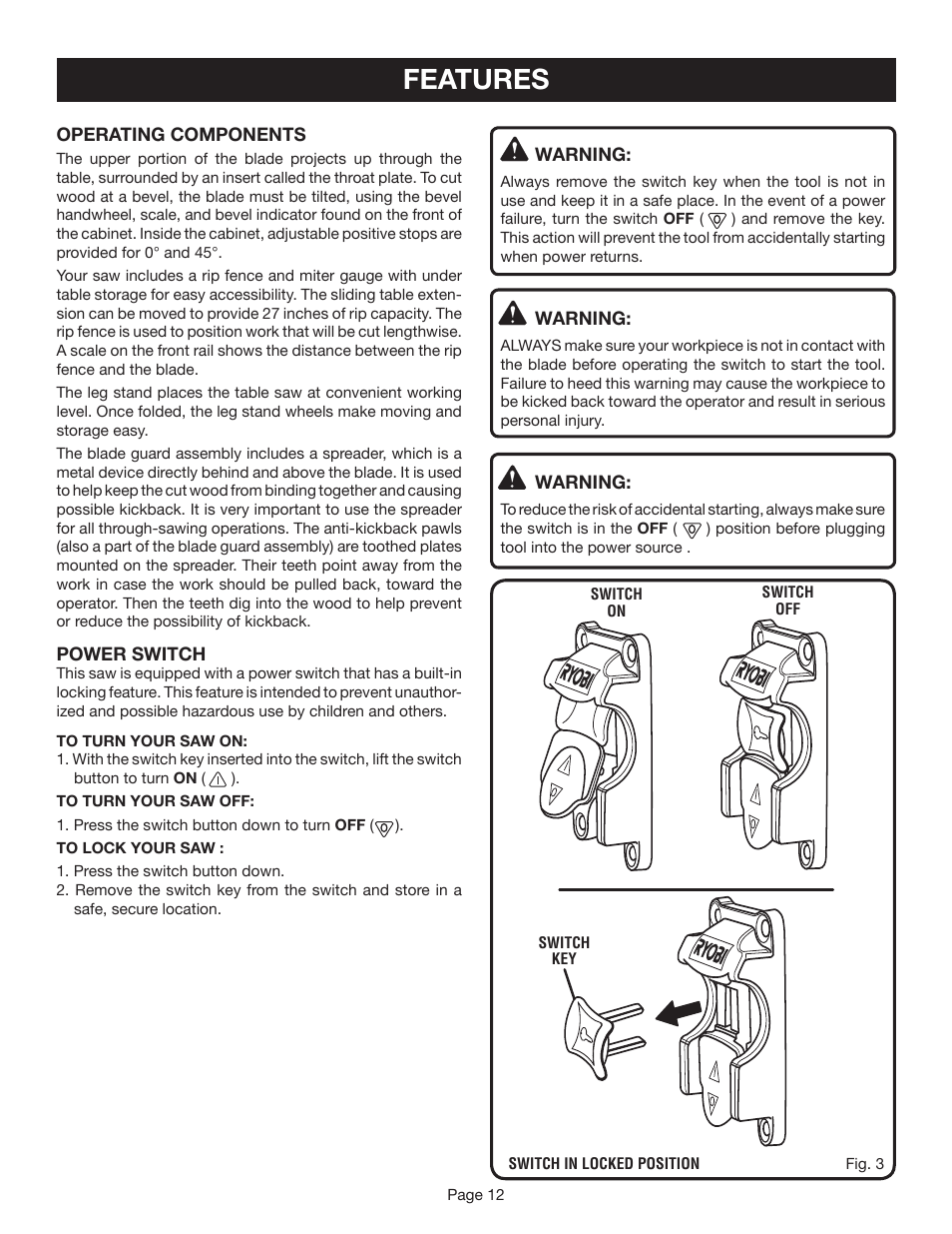 Features | Ryobi BTS20R-1 User Manual | Page 12 / 34