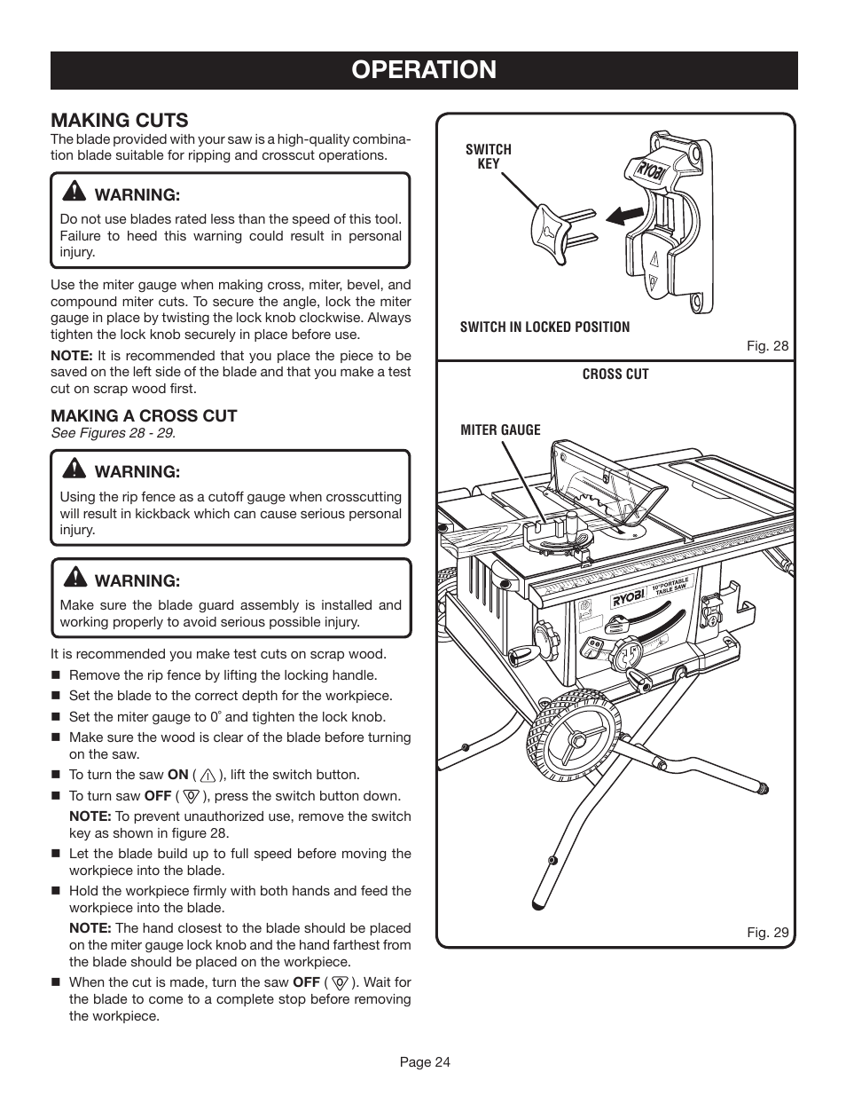 Operation, Making cuts | Ryobi BTS20R-1 User Manual | Page 24 / 34