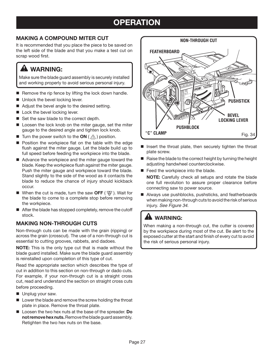 Operation, Warning | Ryobi BTS20R-1 User Manual | Page 27 / 34