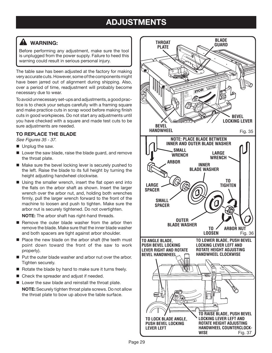 Adjustments | Ryobi BTS20R-1 User Manual | Page 29 / 34