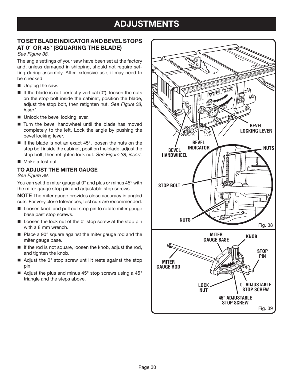 Adjustments | Ryobi BTS20R-1 User Manual | Page 30 / 34