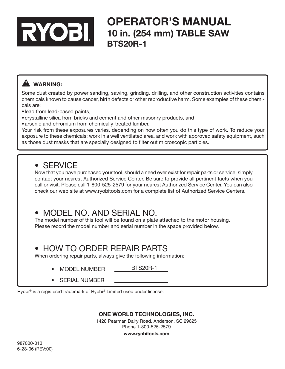 Operator’s manual, Bts20r-1, Service | Model no. and serial no, How to order repair parts | Ryobi BTS20R-1 User Manual | Page 34 / 34