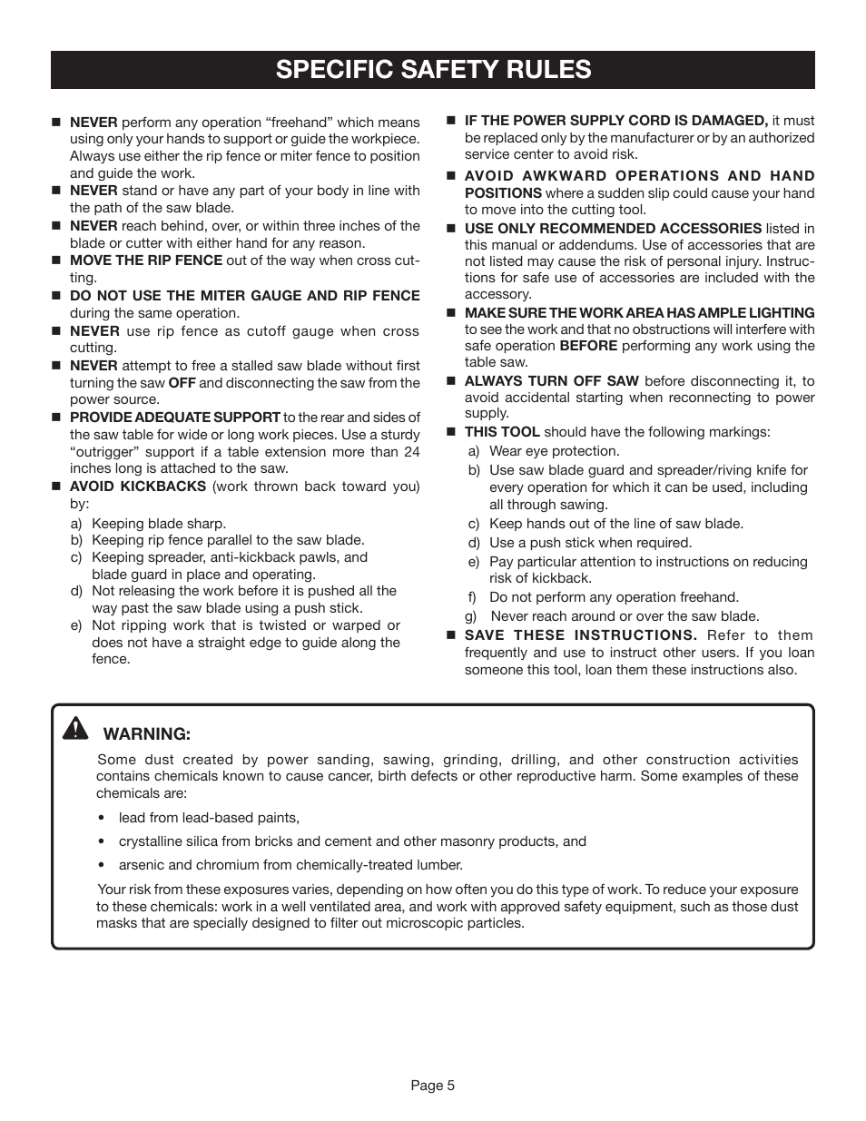 Specific safety rules | Ryobi BTS20R-1 User Manual | Page 5 / 34