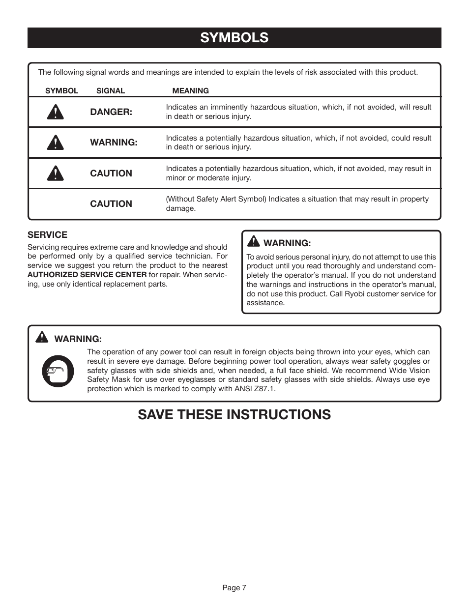 Symbols, Save these instructions | Ryobi BTS20R-1 User Manual | Page 7 / 34