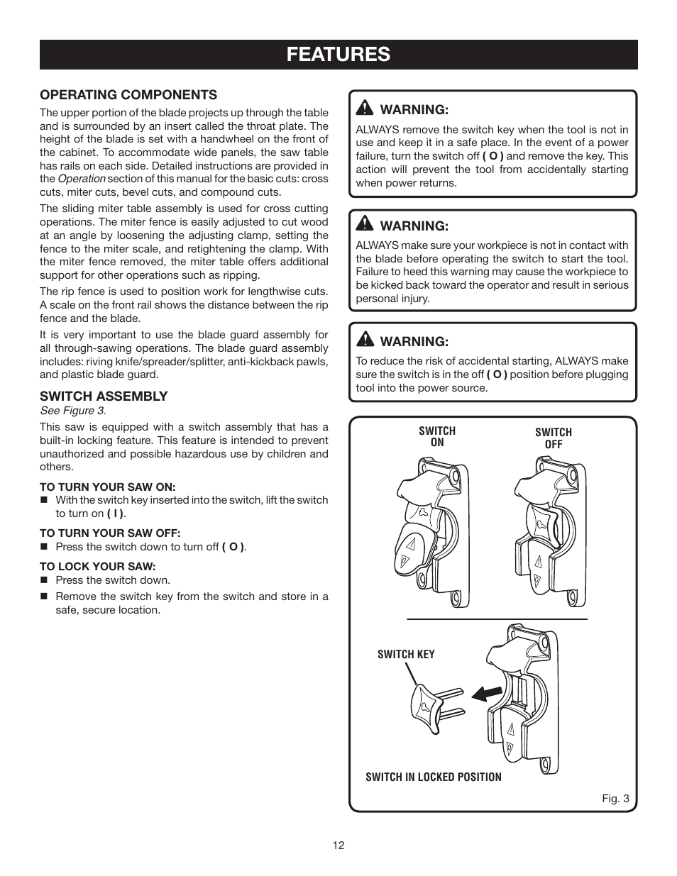 Features | Ryobi BTS211 User Manual | Page 12 / 42