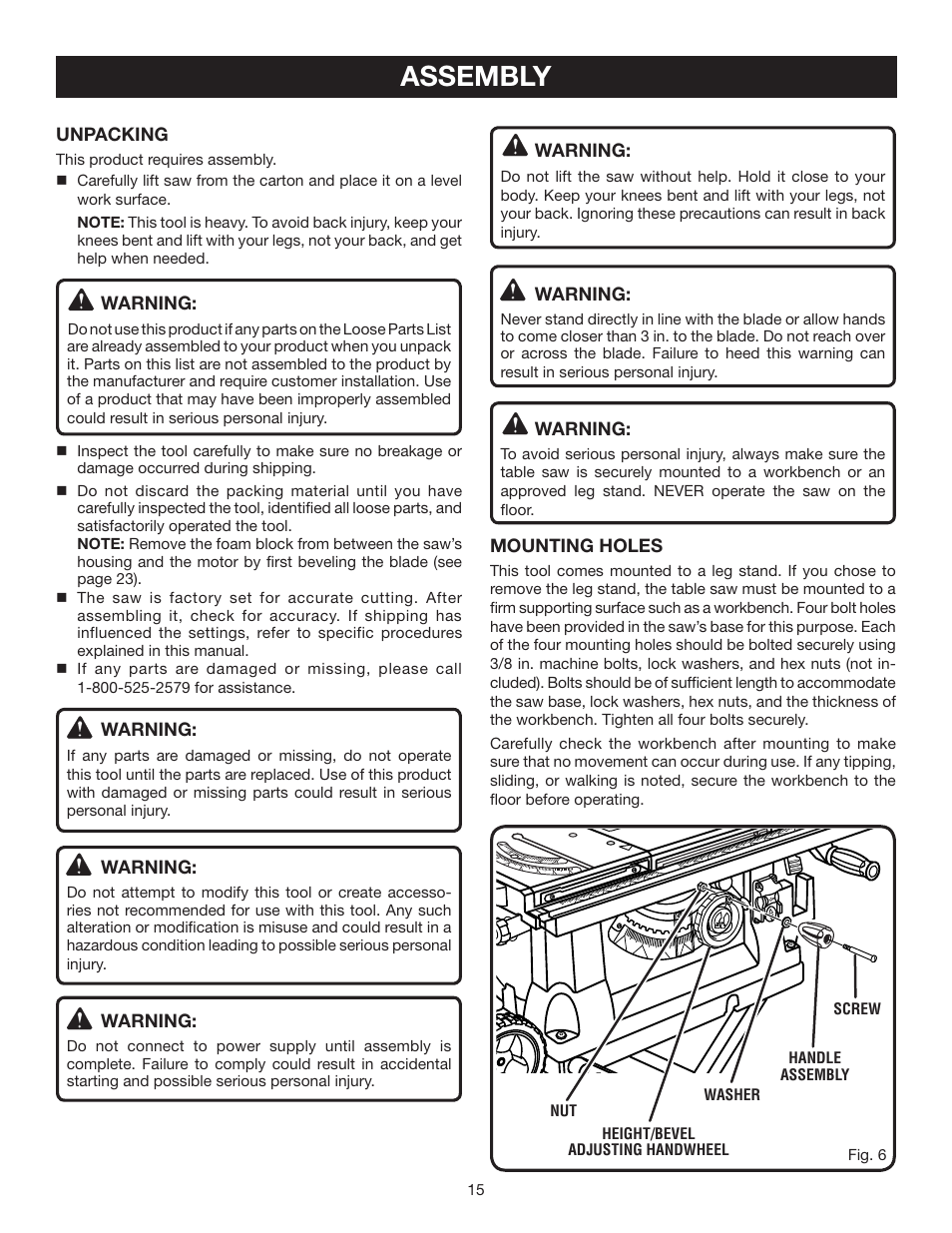 Assembly | Ryobi BTS211 User Manual | Page 15 / 42