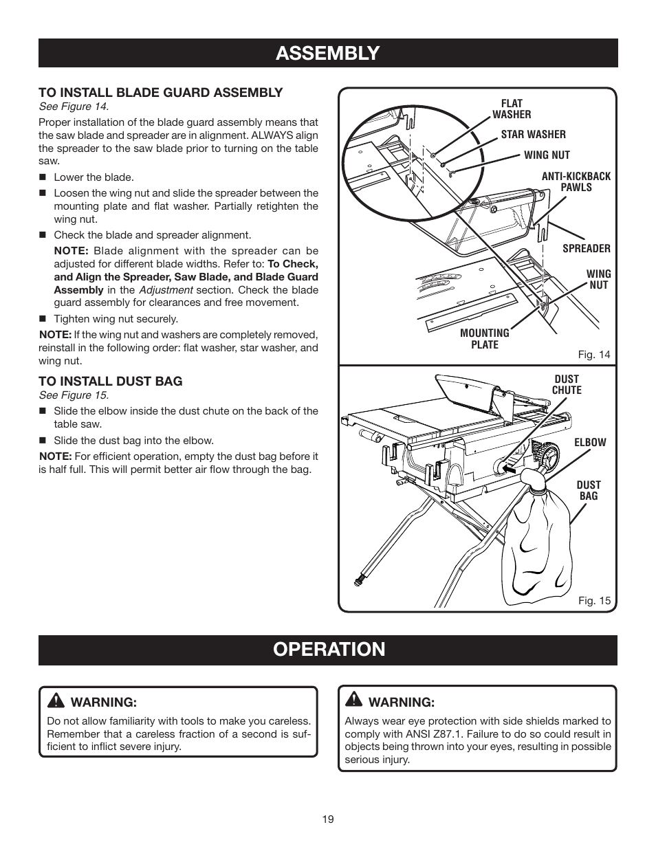 Assembly, Operation | Ryobi BTS211 User Manual | Page 19 / 42