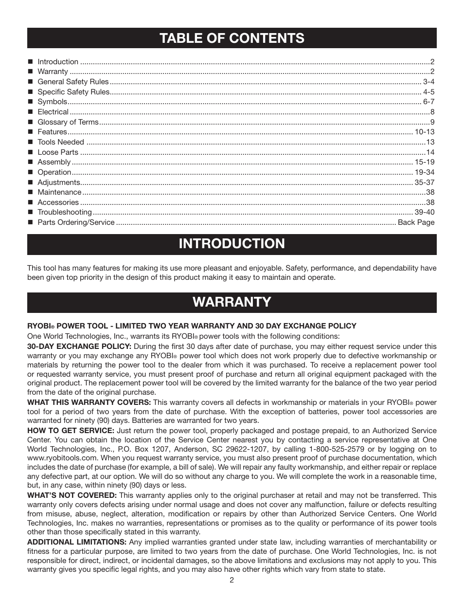 Ryobi BTS211 User Manual | Page 2 / 42