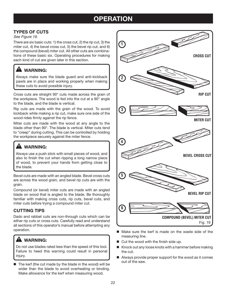 Operation | Ryobi BTS211 User Manual | Page 22 / 42