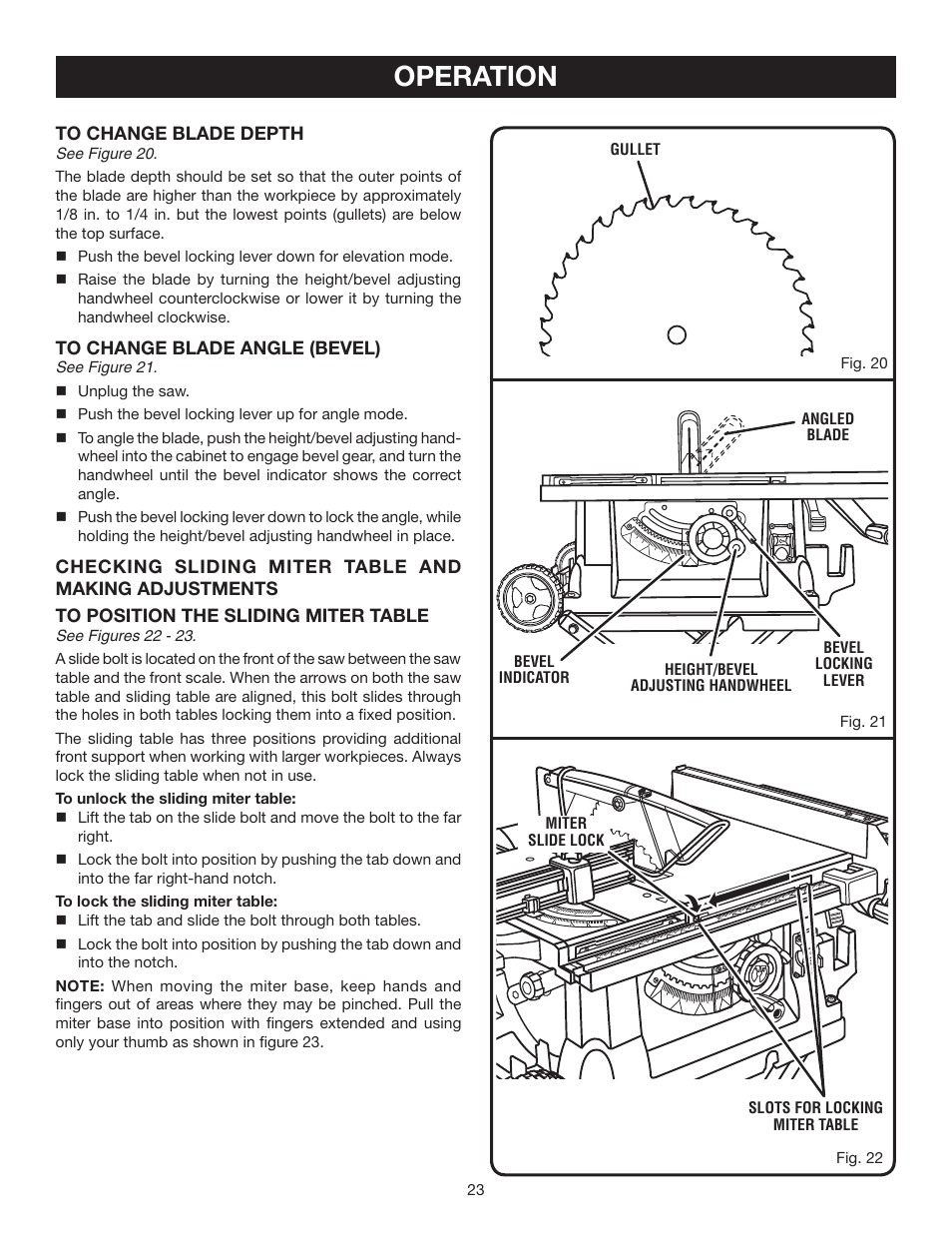 Operation | Ryobi BTS211 User Manual | Page 23 / 42