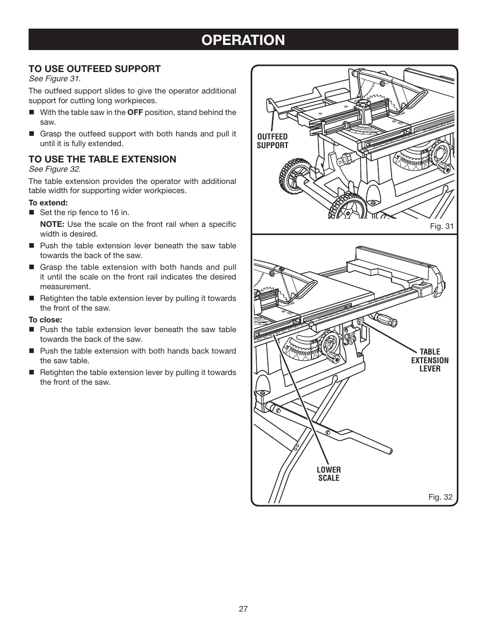 Operation | Ryobi BTS211 User Manual | Page 27 / 42