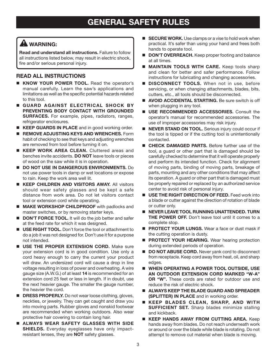 General safety rules | Ryobi BTS211 User Manual | Page 3 / 42