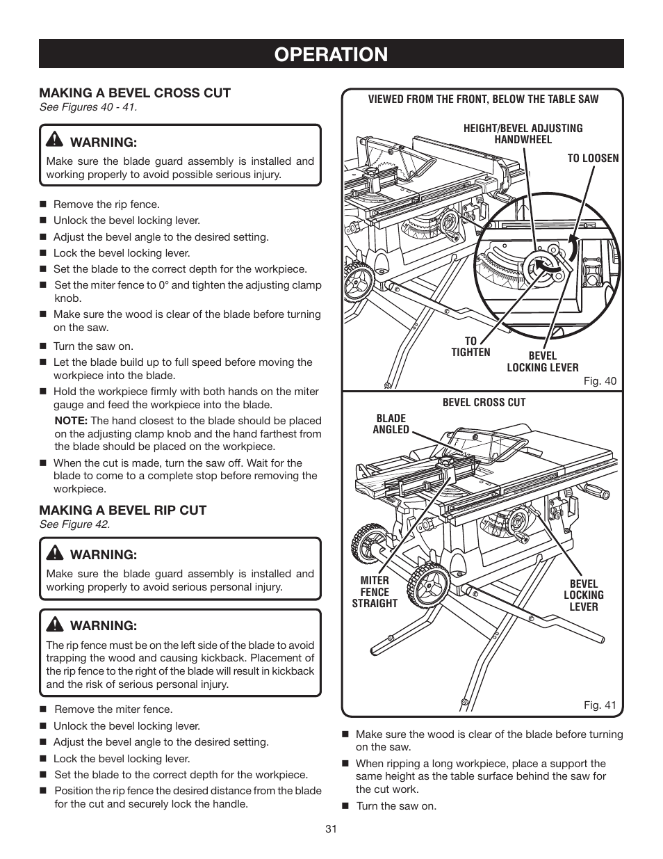 Operation | Ryobi BTS211 User Manual | Page 31 / 42