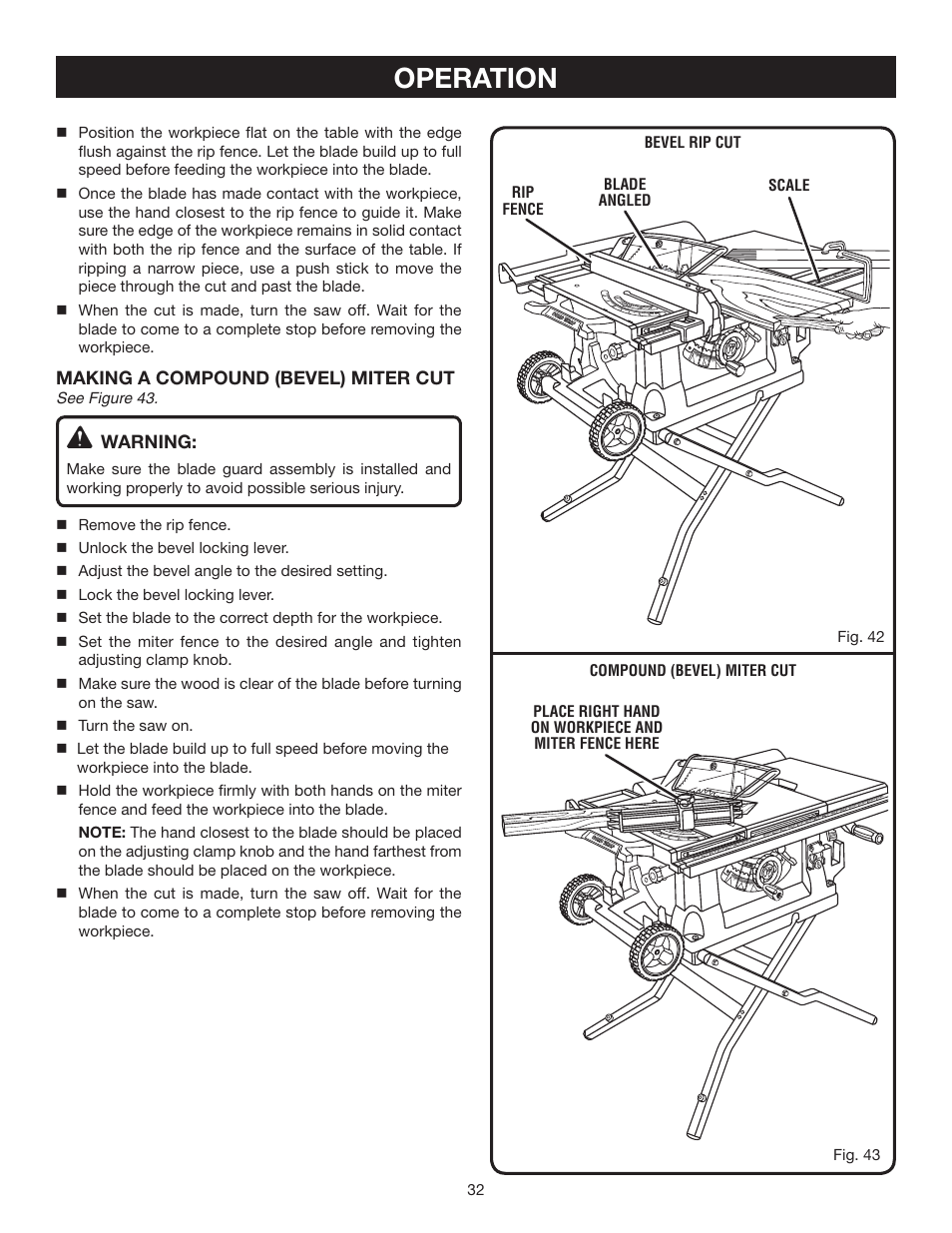 Operation | Ryobi BTS211 User Manual | Page 32 / 42