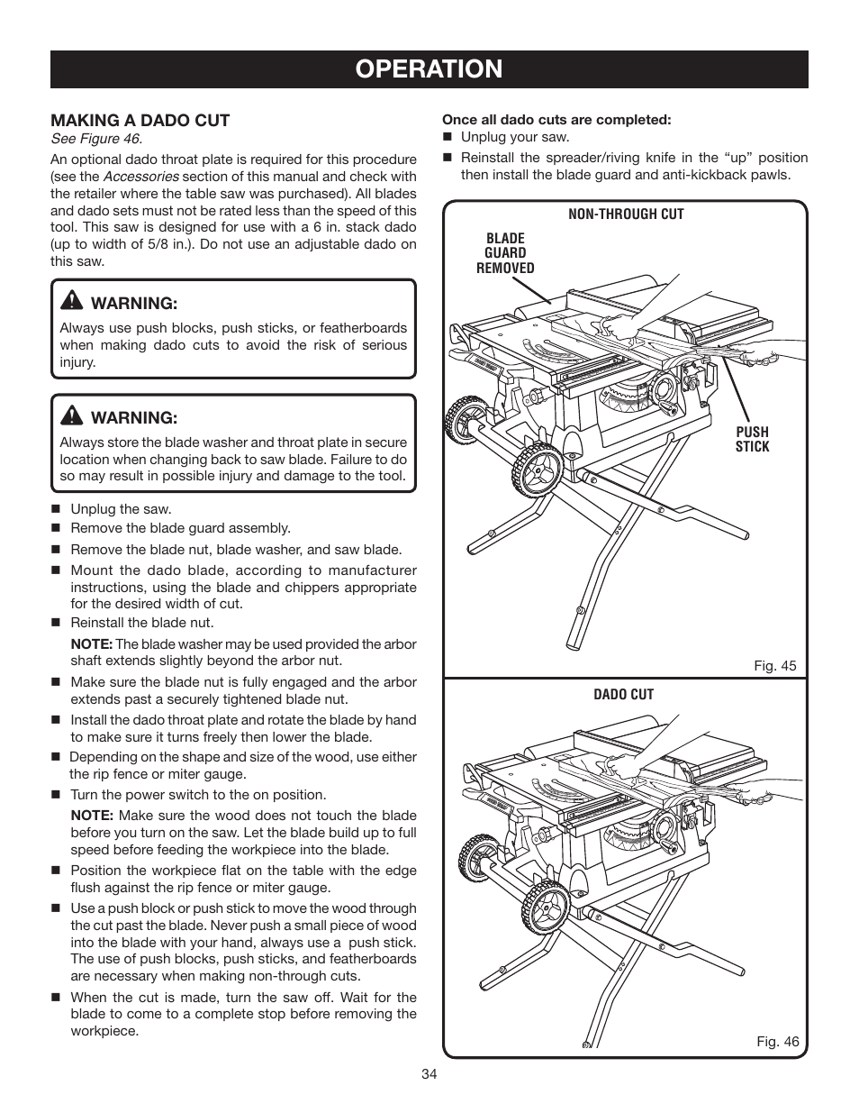 Operation | Ryobi BTS211 User Manual | Page 34 / 42