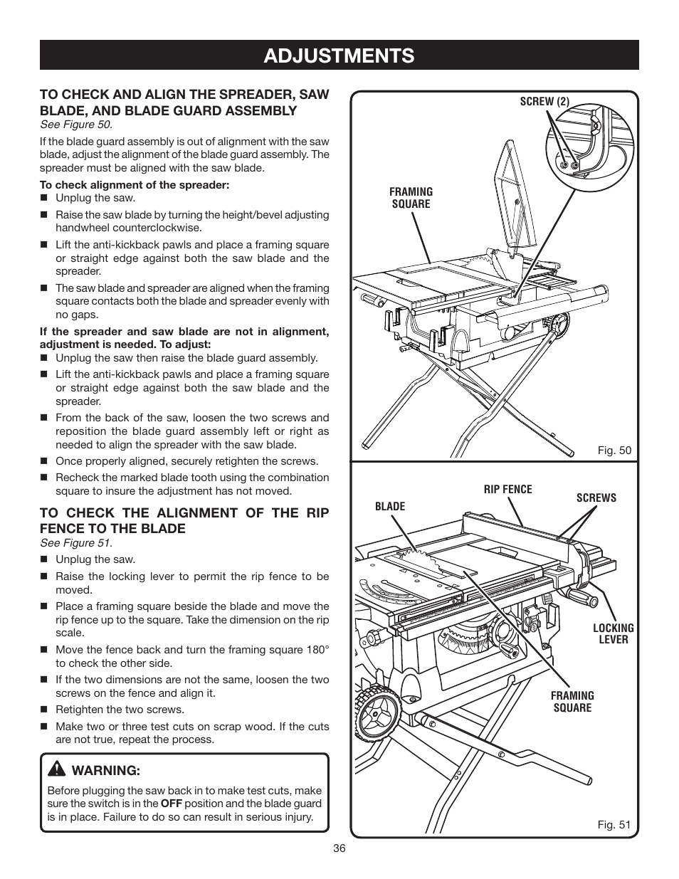 Adjustments | Ryobi BTS211 User Manual | Page 36 / 42