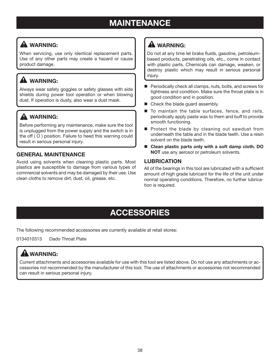 Maintenance, Accessories | Ryobi BTS211 User Manual | Page 38 / 42